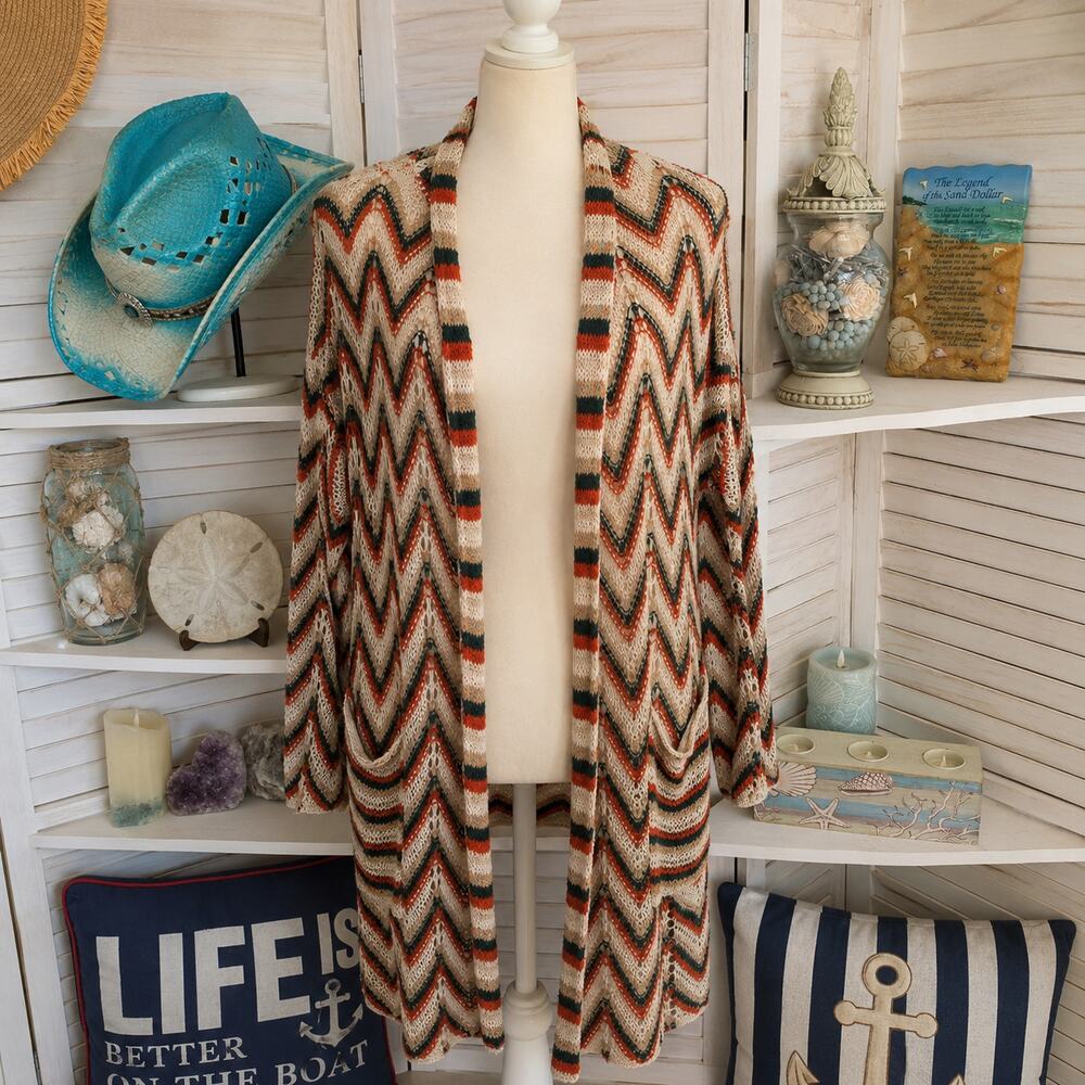 Alya Boho Open Cardigan Pockets Cream,‎ Burnt Orange And Green Size S Up To L